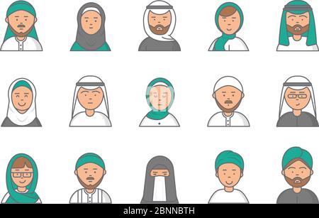 Avatares lineales del Islam. árabe musulmán saudí hombre y mujer caras vectoriales para perfil web Ilustración del Vector
