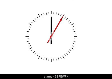 Uhr, Ziffernblatt mit rotem Sekundenzeiger Minutenzeiger und zeigt die Uhrzeit 12 un. Vor Texfreiraum weißen Hintergrund. Foto de stock