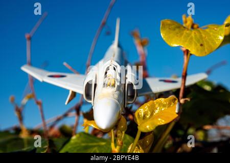 Airfix modelo plástico Phantom F4 jet fighter en un jardín de cobertura Foto de stock