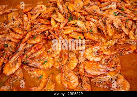 Spicy Shrimps marisco cocido antecedentes Foto de stock