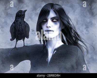 Representación 3D de una mujer fantasma muerto wraith con un cuervo negro en su brazo. Fondo de humo o niebla.