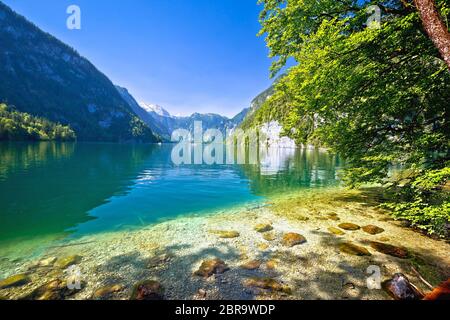 Konigssee lago alpino idílica costa acantilados vista, Berchtesgadener Land de Baviera, Alemania