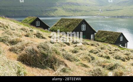 Vista pintoresca de tradicional feroés cubiertas de pastos y casas en la aldea Bour durante el otoño. Isla de Vagar, Islas Feroe, Dinamarca.