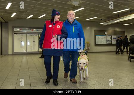 CSA dando asistencia a un usuario de perro guía en King's Cross St Pancras Foto de stock
