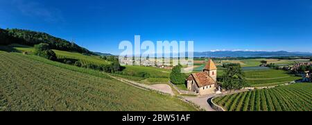 Foto panorámica de la región vinícola de la Côte en el lago de Ginebra con la iglesia de la Sentinelle, The Guardian, en Luins, Vaud, Suiza Foto de stock