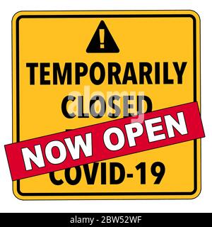 Ahora texto abierto colocado sobre un signo de cerrado temporalmente debido a COVID-19 - Ilustración. Foto de stock