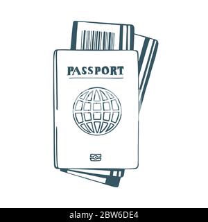 Pasaporte y billetes dibujados a mano ilustración vectorial. Dibujo de croquis de concepto de viaje. Parte del conjunto. Ilustración del Vector