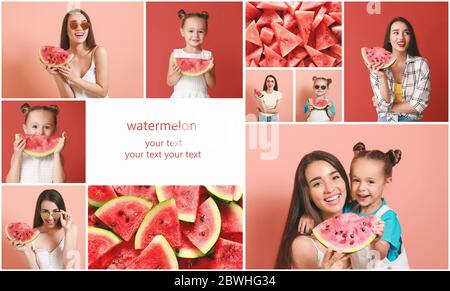 Collage de fotos con una mujer joven y una chica linda comiendo sandía fresco Foto de stock
