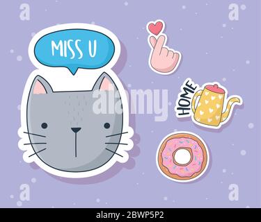  lindo gato donut y la mano de amor cosas para tarjetas pegatinas o parches decoración dibujos animados vector ilustración Imagen Vector de stock