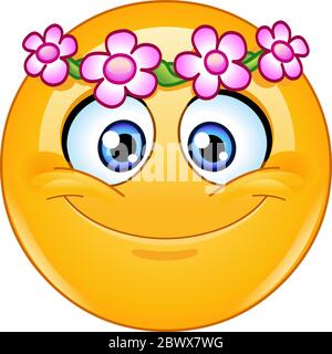Emoticono feliz con flor de cabeza de corona
