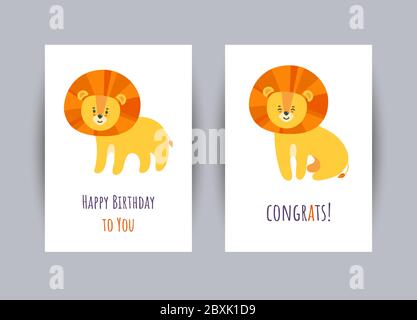 Tarjetas de felicitación con lindos leones. Feliz cumpleaños juego de  tarjetas. Ilustración vectorial en estilo de dibujos animados Imagen Vector  de stock - Alamy