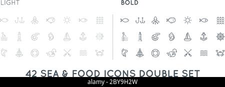 Conjunto de elementos de alimento de mar de vector delgado y negrita y signos de mar Ilustración puede ser utilizado como logotipo o icono en calidad superior Ilustración del Vector