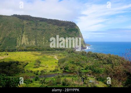Increíble paisaje del valle de Waipio. Vista aérea con acantilado de origen volcánico en el azul brillante del océano Pacífico agua y valle con barrio residencial
