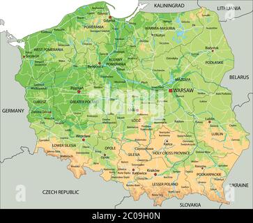 Mapa físico de Polonia con alto detalle y etiquetado Imagen Vector de stock Alamy