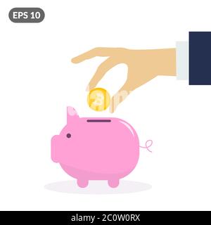 La mano de Businessman poniendo la moneda de oro bitcoin en el banco piggy. Concepto de inversión en criptomoneda La mano de Businessman poniendo la moneda de oro bitcoin en el banco piggy. Concepto de inversión en criptomoneda