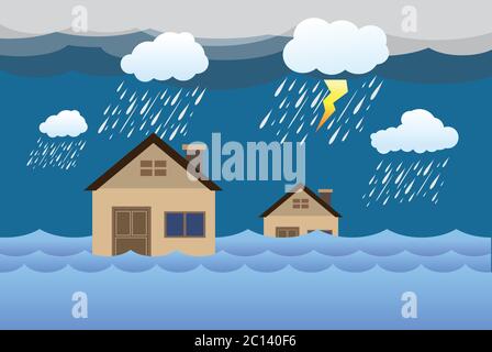  Inundación de desastres naturales con casa, lluvia y tormenta, daños en el hogar, nubes y lluvia, inundaciones de agua en la ciudad, casa inundada Imagen Vector de stock