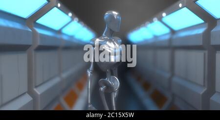 renderización 3d. Escena futurista y figura humanoide