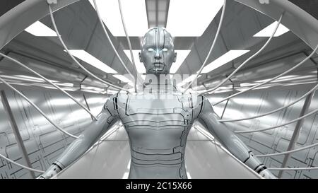 renderización 3d. Escena futurista y figura humanoide