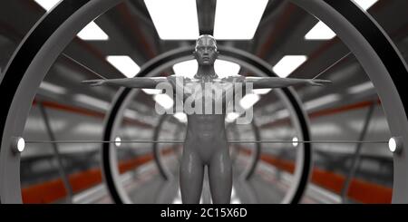 renderización 3d. Escena futurista y figura humanoide