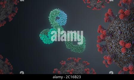 Inmunoglobulina o proteína de anticuerpos rodeada de células virales - ilustración 3d Foto de stock