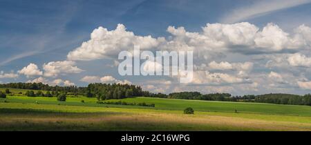 paisaje con cielo azul y nubes - panorama de campo rural con campo y bosque