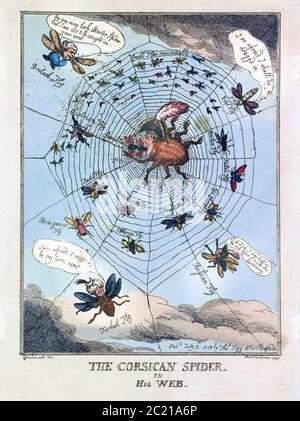 La araña corsa en su Web. Dibujos animados políticos fechados el 12 de julio de 1808, mostrando a Napoleón como una araña devorando países europeos atrapados en su web. De una grabado de Thomas Rowlandson después de una obra de George Moutard Woodward.