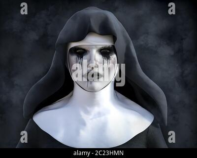 Representación 3D de una monja fantasma o demonio con el humo en la oscuridad misteriosa de fondo.