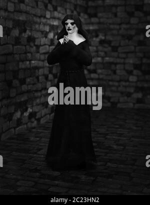3D, imagen en blanco y negro de una monja fantasma o demonio orando con sus manos juntas. Ella está de pie en un convento con paredes de ladrillo a la vista en la parte posterior