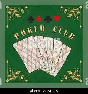 Emblema del club de póquer en estilo retr. Tarjetas de plisado en fondo verde. Ilustración vectorial. Ilustración del Vector