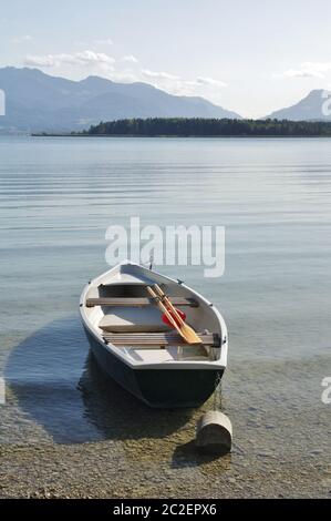 Bote de remo, atado a la orilla, Chiemsee, en el fondo los Alpes, Chiemgau, Alta Baviera, Alemania Foto de stock
