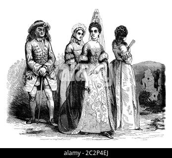 1698 trajes, ilustración grabada vintage. Historia colorida de Inglaterra, 1837. Foto de stock