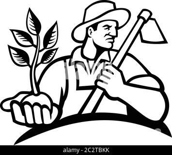 Ilustración en blanco y negro de un agricultor orgánico que llevaba un sombrero sosteniendo una planta junto a la palma de su mano con una azada en el hombro mirando al lado Ilustración del Vector