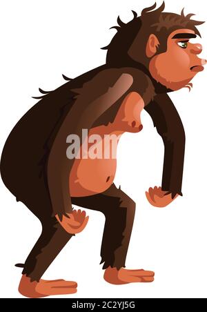  Mono antiguo, dibujo de vector de dibujos animados de ancestros humanos. Gran simio tailless, primates, uno de los estadios de la teoría evolutiva de Darwin, aislado en whi Imagen Vector de stock