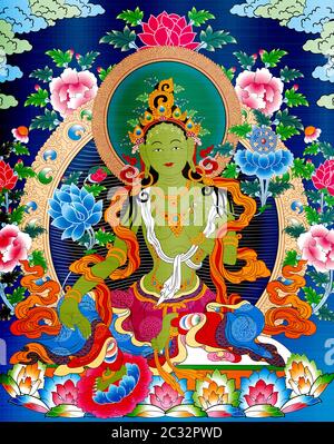 thangka tibet antiguo verde metalizado ilustración budista Foto de stock