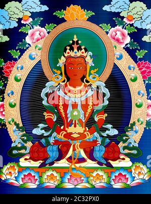 thangka tibet antiguo rojo metalizado ilustración budista Foto de stock