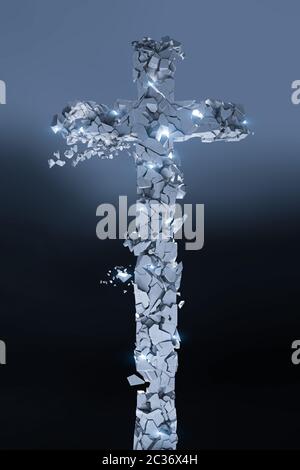 Christian cruz de piedra que se rompe en muchos pedazos, resplandores y fondo oscuro. 3D Render imagen. Concepto de la fe y del Cristianismo.