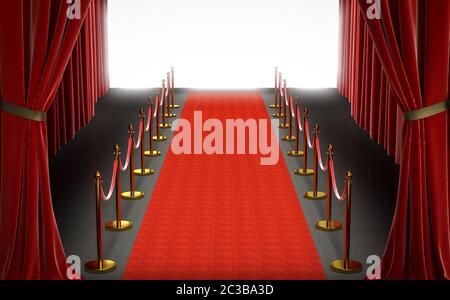 entrada a un teatro, alfombra roja con cortinas y barreras con cuerda de terciopelo, gran pantalla blanca brillante en el centro. concepto de exclusividad. renderizado en 3d Foto de stock