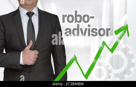Robo Advisor concepto y empresario con pulgares hacia arriba. Foto de stock