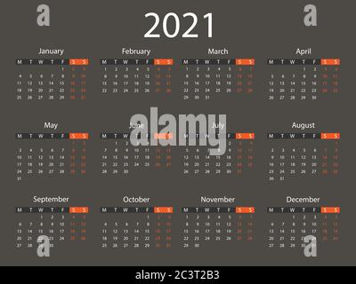 Calendario 2021, la semana comienza el lunes. Ilustración vectorial, diseño plano.
