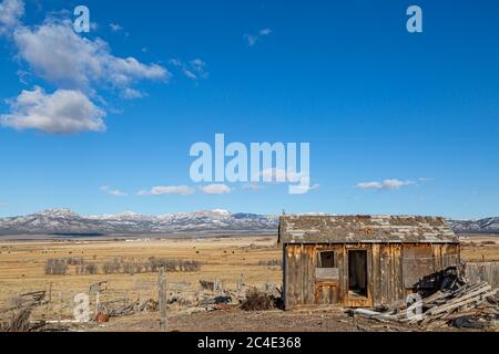 Una vieja choza de madera en la zona rural de Utah, en un soleado día de invierno Foto de stock