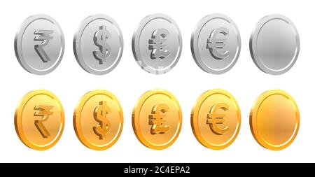 3D Render imagen de monedas de oro y plata con el símbolo de Rupia, símbolo de dólar estadounidense, signo de libra y símbolo de euro. Foto de stock