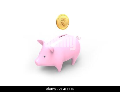 Ahorros en bancos piggy con la moneda de oro de rupia India Foto de stock