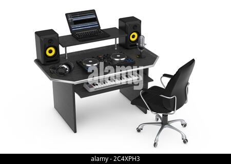 primer plano del micrófono de estudio con monitor de pc fuera de foco con  iluminación de neón. concepto de podcast, grabación y estudio de streaming.  3d renderizar Fotografía de stock - Alamy