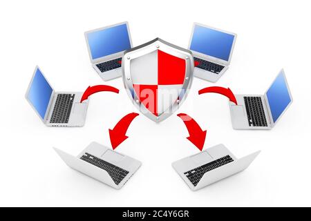 Portátiles dispuestos en un círculo alrededor de un escudo protector con flechas rojas de vidrio conexiones sobre un fondo blanco. Presentación 3d Foto de stock