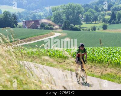 Ciclista de carreras en una estrecha carretera de montaña en la Selva Negra Media, cerca de Emmendingen, Sexau Baden-Württemberg Foto de stock
