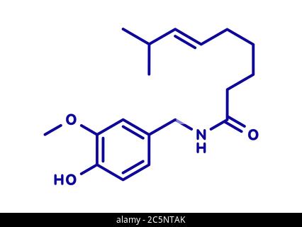 Molécula de pimienta de Chile capsaicina. Se usa en alimentos, drogas, aerosol de pimienta, etc. fórmula esquelética. Foto de stock