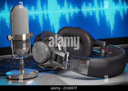 primer plano del micrófono de estudio con monitor de pc fuera de foco con  iluminación de neón. concepto de podcast, grabación y estudio de streaming.  3d renderizar Fotografía de stock - Alamy