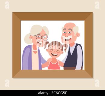 Abuelos y nieta enmarcado foto. Celebración del día de los abuelos. Felices abuelos y chicas. Ilustración vectorial en estilo de dibujos animados. Ilustración del Vector