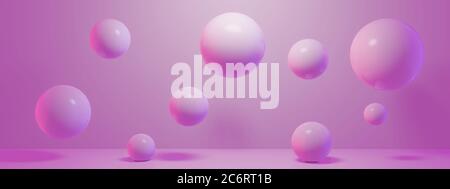 Presentación 3D de esferas rosadas de diferentes tamaños sobre superficie y fondo rosa. Concepto de matriz de presentación 3D. Ilustración 3d de alta calidad