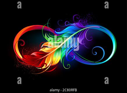 Símbolo de infinito dibujado artísticamente con hermosa pluma de arco iris sobre fondo negro. Ilustración del Vector